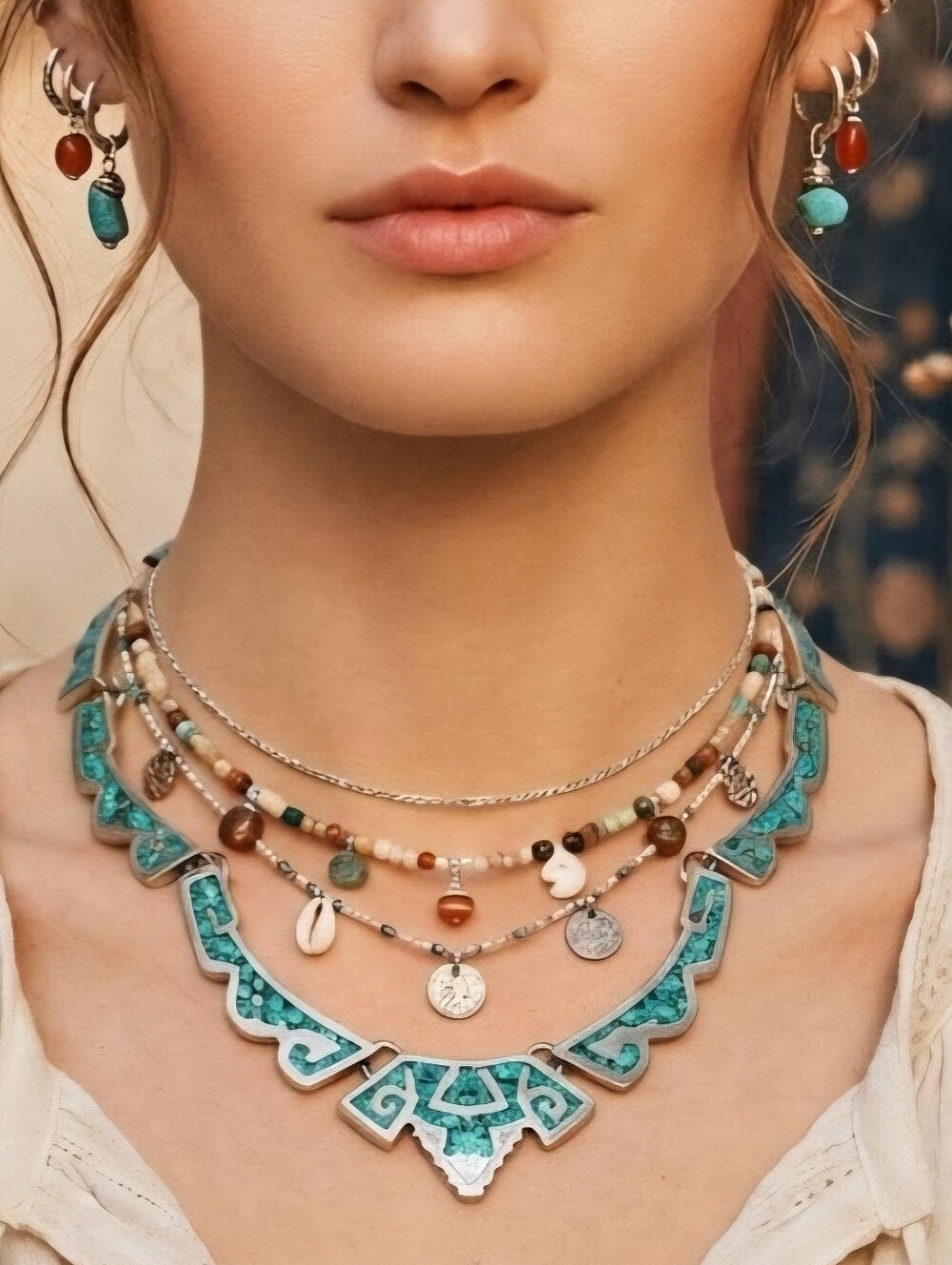 Vintage Taxco Mexico Sterling Silver Turquoise Mosaic Inlay Collar Necklace
